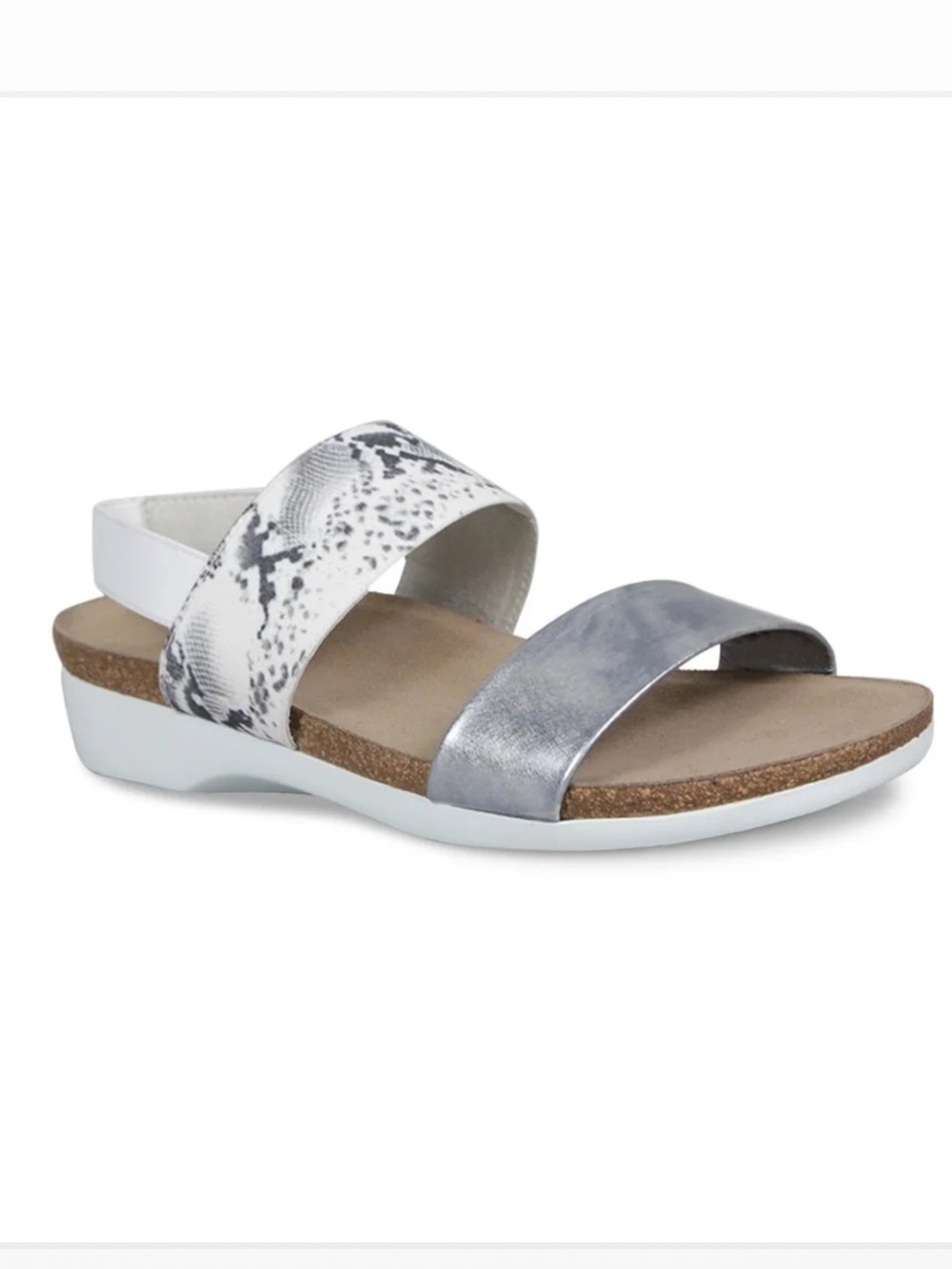 Munro Two-Strap Metallic Silver & White Snake-Print Sandals